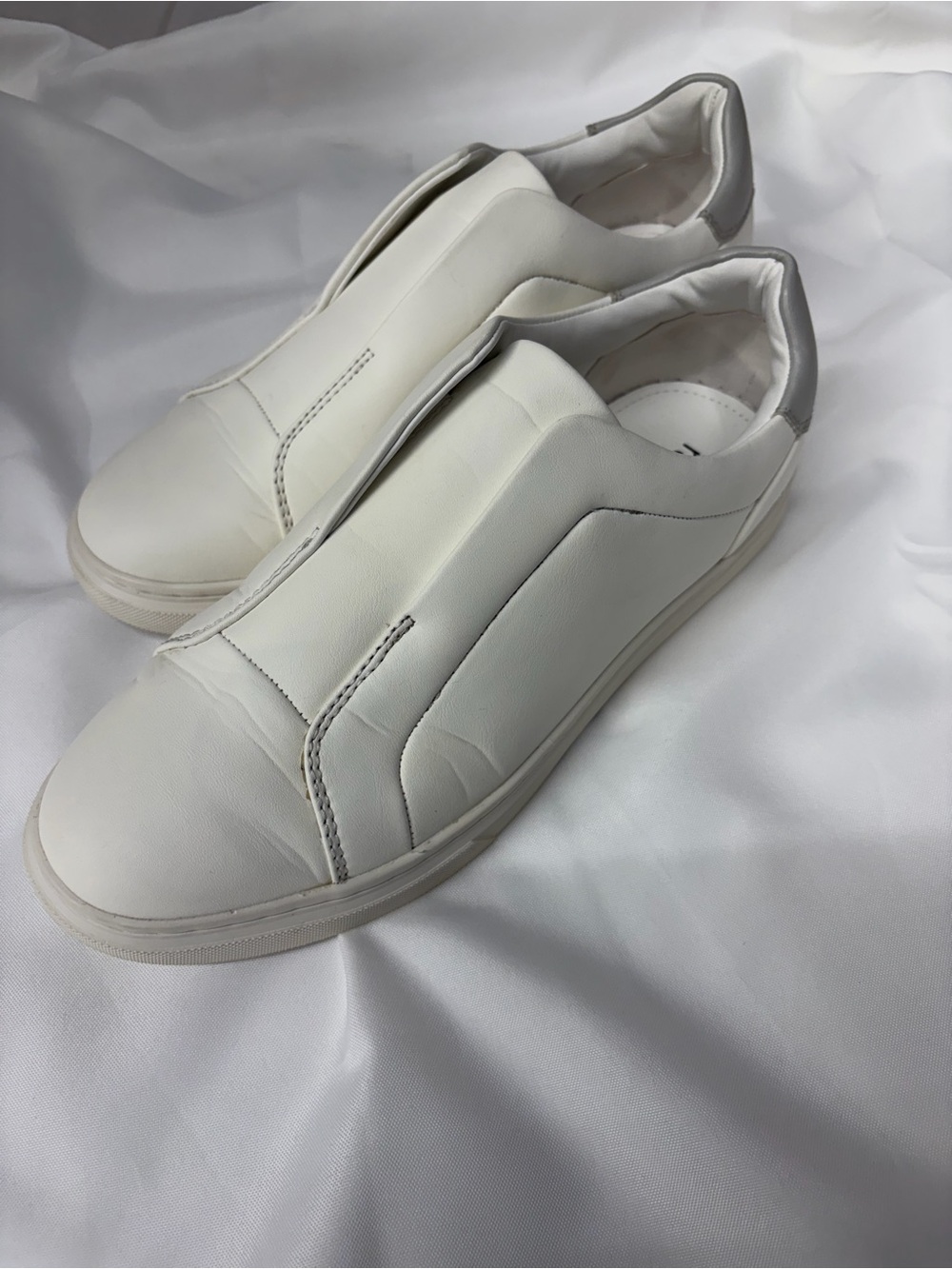 Nordstrom White Slip-On Leather Sneakers with Silver Heel Accent